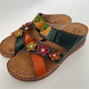 Spring Step L'Artiste Erinee Slide on Wedge Sandal Floral Boho EU 41 US 9.5-10